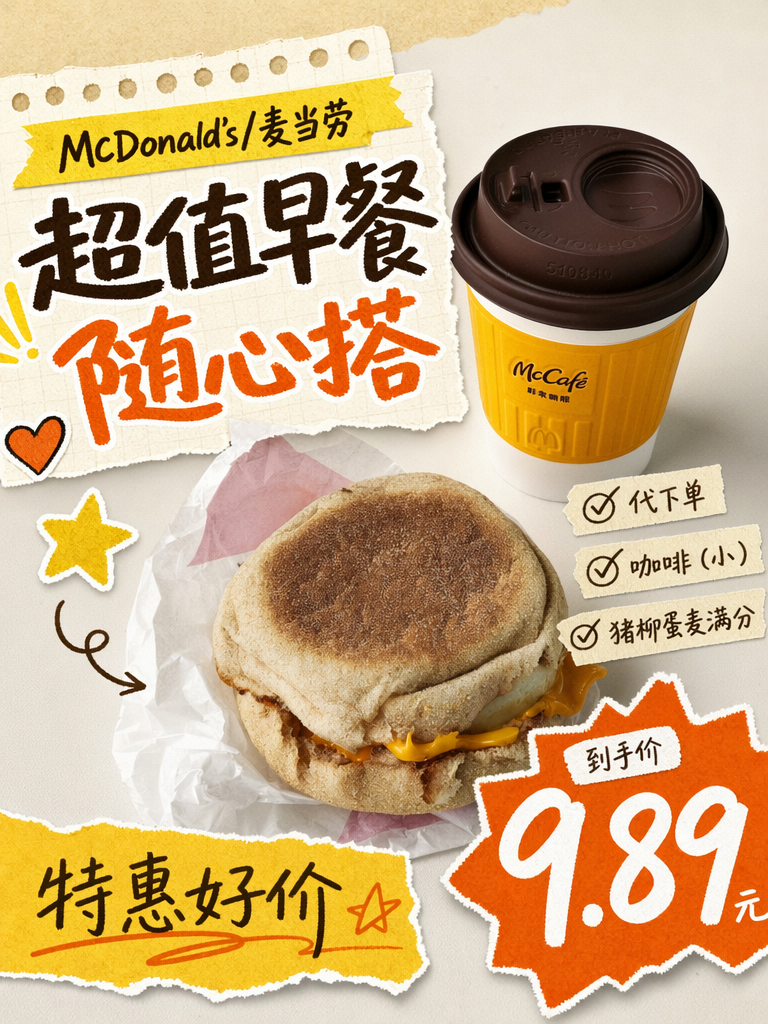 麦当劳猪柳蛋麦满分+咖啡9.9元,早餐满分组合
